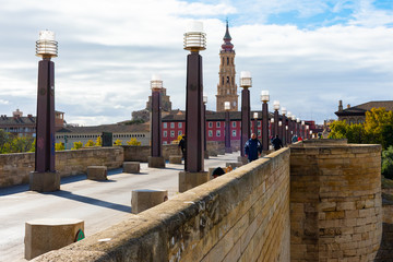 Zaragoza, Spain/Europe; 12/1/2019: Puente de Piedra (Stone Bridge) and La Seo Cathedral in the downtown of Zaragoza, Spain