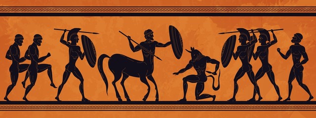 Ancient Greece scene. Historic mythology silhouettes with gods and centaurs, figures and pattern for ancient amphora. Vector mythological image art ancients amphoras ornaments - obrazy, fototapety, plakaty