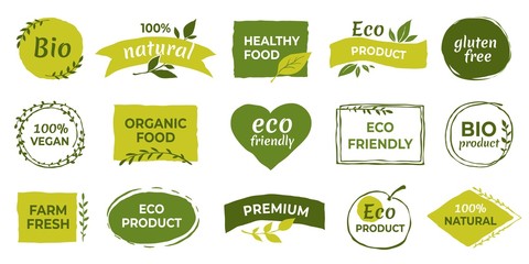Eco logo. Organic healthy food labels and vegan products badge, nature farmed food tags. Vector design elements image gluten free and bio stickers or green tag natures quality