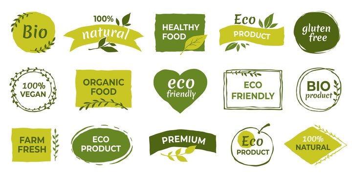 Eco logo. Organic healthy food labels and vegan products badge, nature farmed food tags. Vector design elements image gluten free and bio stickers or green tag natures quality