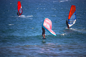 Man wing foiling among windsurfers at the Atlantic ocean (El Medano, Spain)