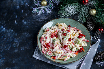 Salad of crackers, Peking cabbage, sweet pepper, hard cheese, balyk. Dressed with mayonnaise sauce. Garnished with cranberries. Festive, New Year's dish. High-calorie, nutritious. Copy space. 