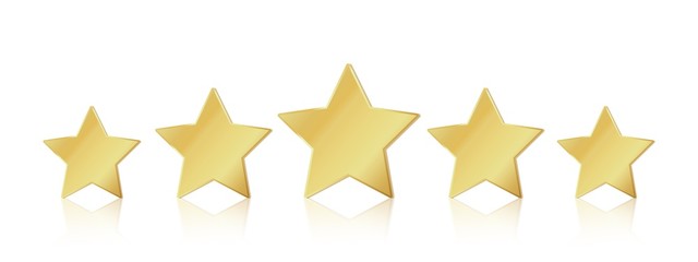 Five gold stars. 5 star rating realistic leadership symbol. Glossy yellow metallic winner champion rating. Vector illustration stars restaurant or hotels satisfaction quality service