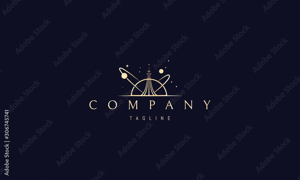 Wall mural vector golden logo on which an abstract image of a soaring rocket against the background of stars an