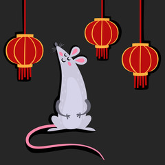 Vector set with cute rat and lantern isolated on white.