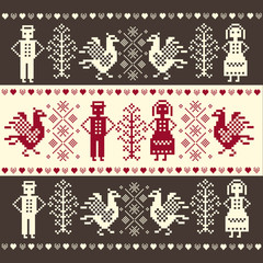 Polish fabric pattern inspired by Podlasie folk art - a pattern with people, birds on a red background  - 306745914