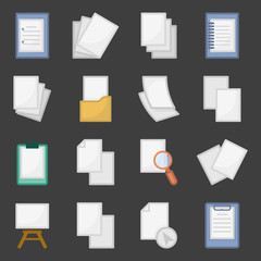 Document icons set. Colorful performance. The order of the paper. Documents in folders and tablets. Isolated vector on a gray background