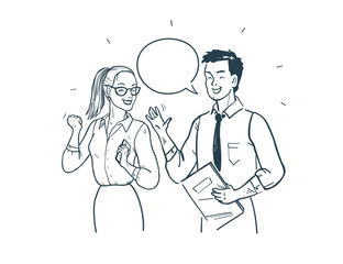 Business people making a deal concept. Office people celebrate successful partnership. Man and woman isolated on white background. Hand drawn outline style, vector illustration.