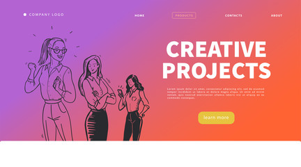 Creative projects landing page design template with office woman group. Business lady, feminism concept. Website banner, mobile app, ui. Hand drawn sketch style. Vector illustration.