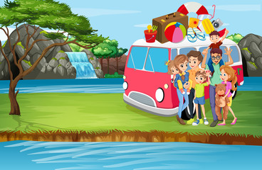 Scene with family trip by the river