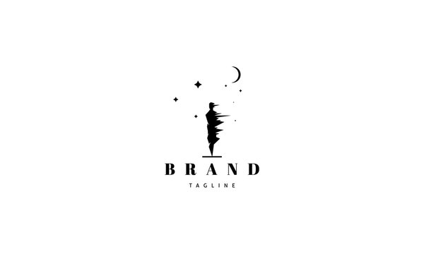 Vector logo on which an abstract image of a man under a strong wind against the background of the moon and stars.