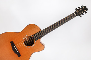 Naklejka na ściany i meble wood texture of lower deck of six strings acoustic guitar on white background. guitar shape