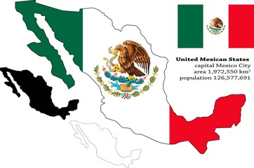 United Mexican States, Mexico vector map, flag, borders, mask , capital, area and population infographic