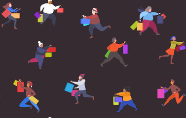 people running with shopping bags black friday big sale concept christmas new year holidays discount seamless pattern full length horizontal vector illustration