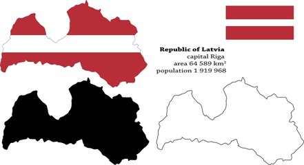Obraz premium Republic of Latvia vector map, flag, borders, mask , capital, area and population infographic
