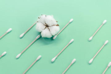 Background with cotton buds and pads on a mint background. Eco-friendly. Concept cosmetics.
