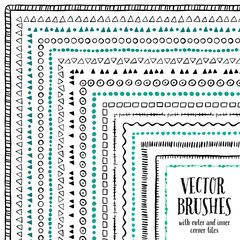 Hand drawn decorative vector brushes with inner and outer corner tiles. Dividers, borders, ornaments. Ink illustration.  - 306748313