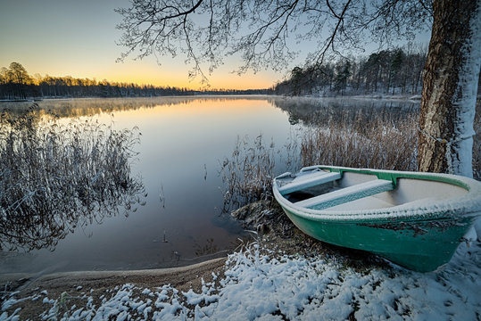 Swedish lake morning in winter scenery