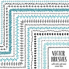 Hand drawn decorative vector pattern brushes with inner and outer corner tiles. Dividers, borders, ornaments. Ink illustration.