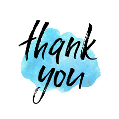 Thank you card, ink hand lettering. Abstract watercolor shape.