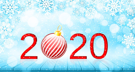 Merry Christmas and Happy New Year 2020 banner. Holiday vector illustration with paper snowflakes background, red number and christmas ball on wooden table