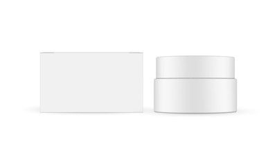 Plastic cosmetic jar with paper box mockup isolated on white background. Vector illustration