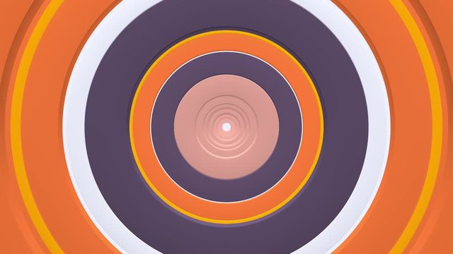3D animation of pulsing warm colorful rings. Zoom in and out. Background for motion design, VJ, logo, banner. Colors: orange (saffron, orange peel), purple (grape compote), coral pink, white. 4K loop