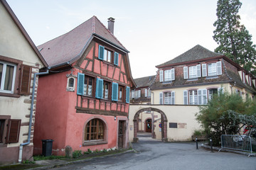 Fototapeta na wymiar RIBEAUVILLE, FRANCE - OCTOBER 10, 2014: Quiet small Alsace town Ribeauville with frame houses