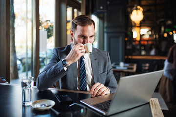 Professional businessman on cafe break using laptop