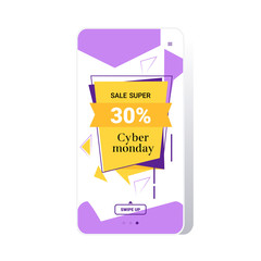 big sale cyber monday sticker special offer promo marketing holiday shopping concept smartphone screen online mobile app advertising campaign banner vector illustration