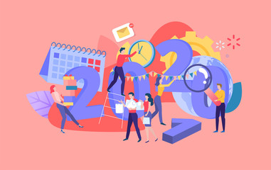 Infographic banner template with people, clock, calendar and 2020 date. Project planning, scheduling, time management. New Years corporate party. Modern flat vector illustration.