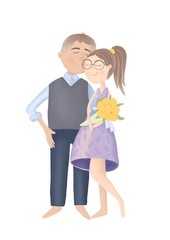 Watercolor illustration of a couple in love who is hugging. Hand-drawn. Full-length characters on a white background,isolated. Can be used for postcards, posters, textiles, logo