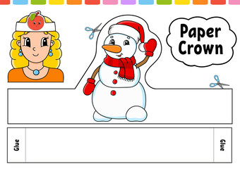 Paper crown template for kids. For games, parties, birthdays, holidays. With a cute cartoon character. Color vector illustration isolated on a white background. Suitable for printing.