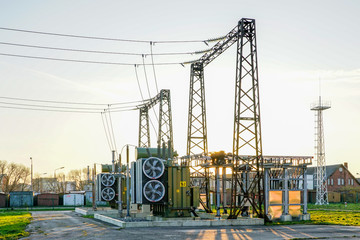 Electricity and power generation industry electric power transformation substation - obrazy, fototapety, plakaty