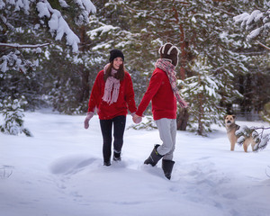 Fototapeta na wymiar A guy and a girl are walking in the winter forest with a dog.