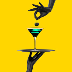 Black Hand holding tray with cocktail martini glass isolated on yellow. Party promo banner creative concept with alcoholic drink beverage, 3d illustration. - obrazy, fototapety, plakaty