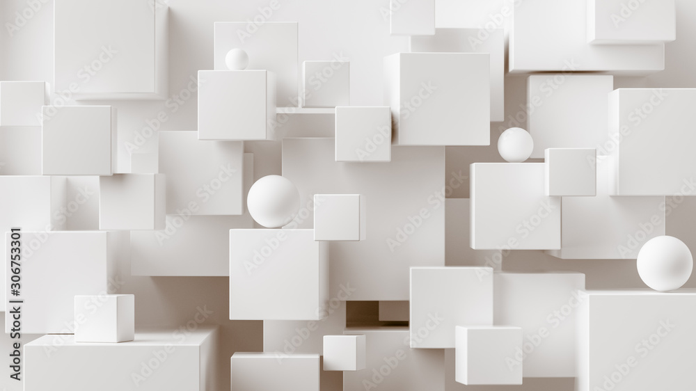 Poster Abstract geometric background. Overlapping white 3d squares. 3d rendering cubic minimal composition for corporate design template.