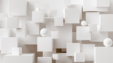 Abstract geometric background. Overlapping white 3d squares. 3d rendering cubic minimal composition for corporate design template.