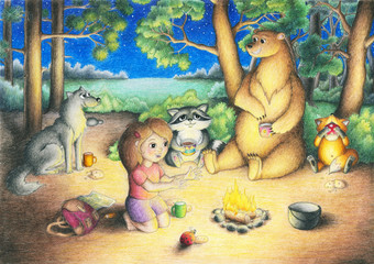 Naklejka premium The girl is sitting near the bonfire and chatting with animals in the forest.