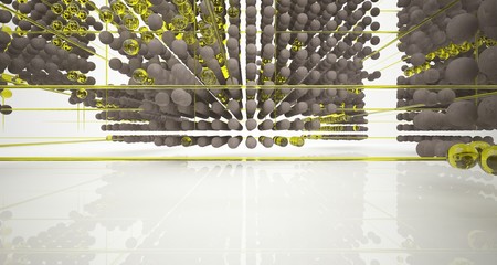 Abstract architectural white interior  from an array of concrete and glass spheres with large windows. 3D illustration and rendering.