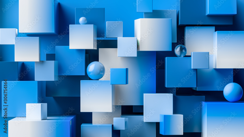 Poster Chaotic overlapping cubes with copy space. Blue abstract geometric background.  3d rendering cubic minimal composition design template.