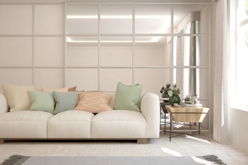 Stylish room in white color with sofa. Scandinavian interior design. 3D illustration