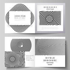 The vector layout of two covers templates for square design bifold brochure, magazine, flyer, booklet. Abstract 3D geometrical background with optical illusion black and white design pattern.