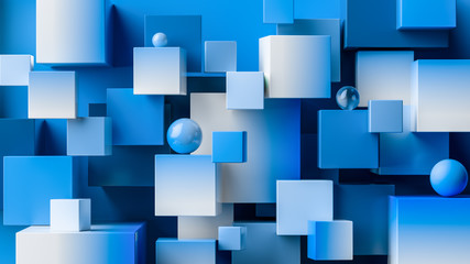 Chaotic overlapping cubes with copy space. Blue abstract geometric background.  3d rendering cubic minimal composition design template. - obrazy, fototapety, plakaty