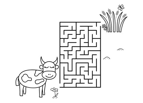Black coloring pages with maze. Cartoon cow and grass. Kids education art game. Template design with pet on white background. Outline vector