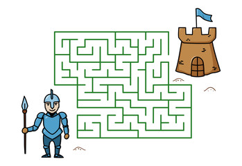 Maze game with cartoon knight and castle. Kids education. Color template design on white background. Line art vector