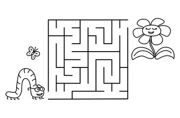 Black coloring pages with maze. Cartoon caterpillar and flower. Kids education art game. Template design with pet on white background. Outline vector