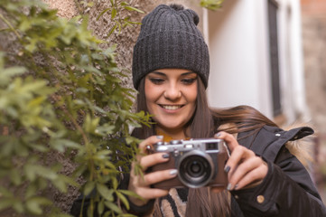 Young woman traveling alone in winter