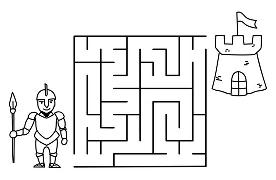 Black coloring pages with maze. Cartoon knight and castle. Kids education art game. Template design on white background. Outline vector
