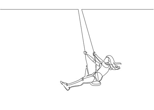 Continuous line drawing. Girl swinging on swing. Vector illustration